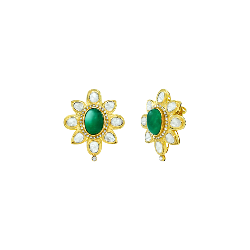 Gold Floral Studs with Emerald Cabochons and Polki Petals